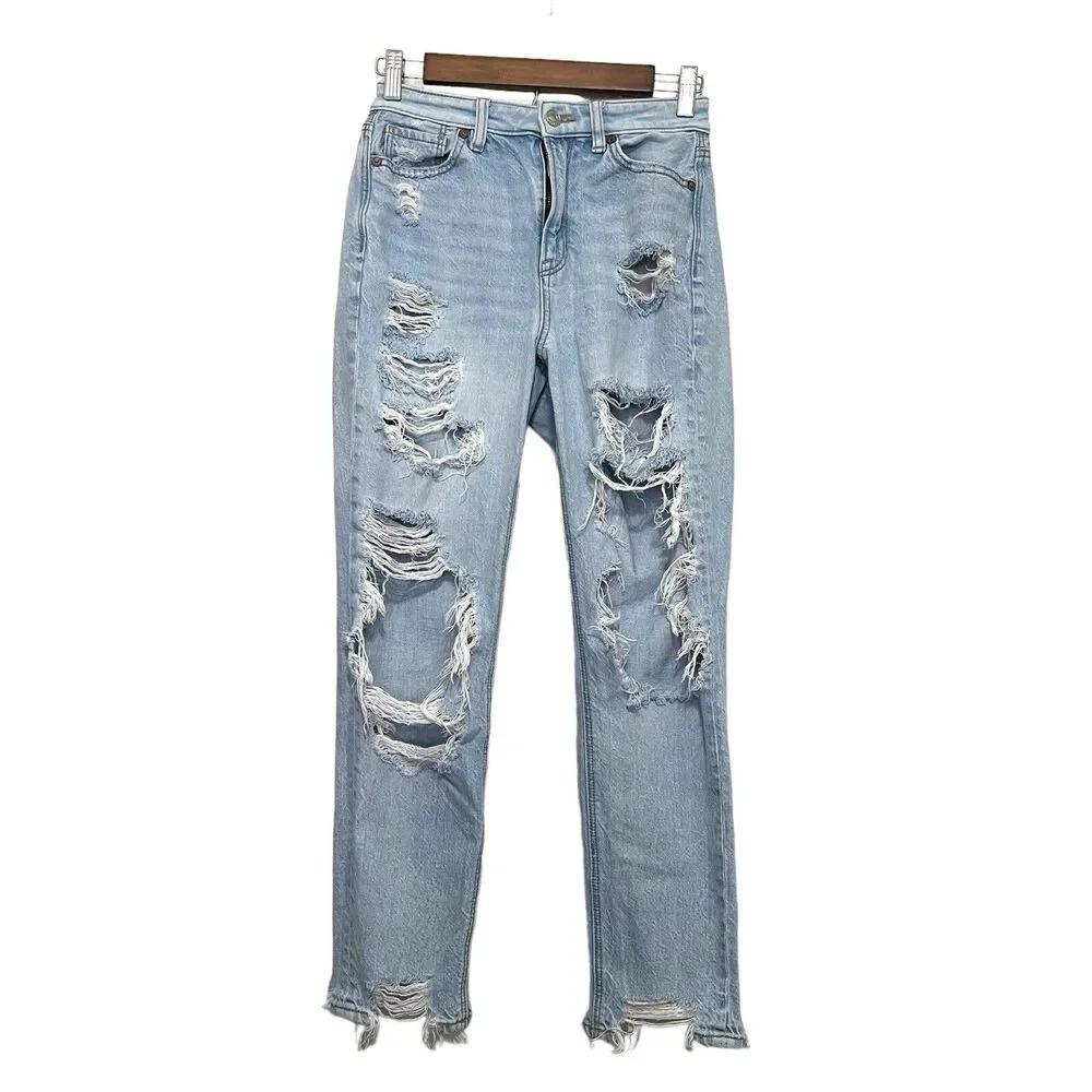 American Eagle Womens Mom Jeans Size 0 Light Wash Distressed‎ Ripped Grunge Edgy